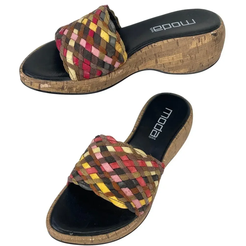 Moda Spana Women's Woven Multicolor Wedge Sandal Brown Pinks Yellow Cream S 7.5